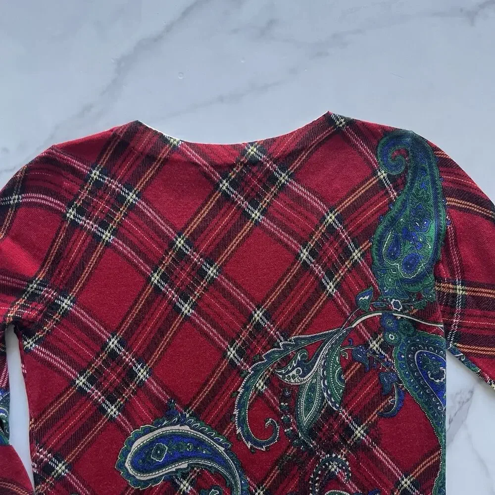 Talbots Merino Wool Sweater Sz SmallRed Plaid Paisley Holiday Christmas Preppy - Picture 9 of 9